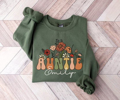 Personalized Auntie Sweatshirt For Aunt, Custom Auntie Gift, New Auntie Crewneck, Wildflowers Auntie Sweater Groovy Aunt Shirt, Aunt Gifts