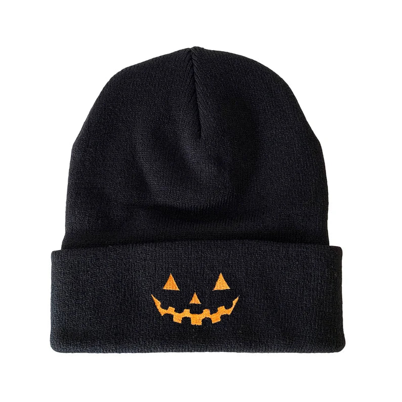 Jack O Lantern Face Embroidered Beanie Hat Pumpkin Halloween Winter Beanie