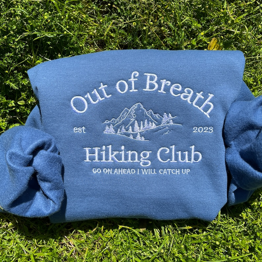 Out of Breath Hiking Club vintage Sweatshirt, funny Embroidered Crewneck, Gift for hiker, gift for camper, for him for her, nature lover