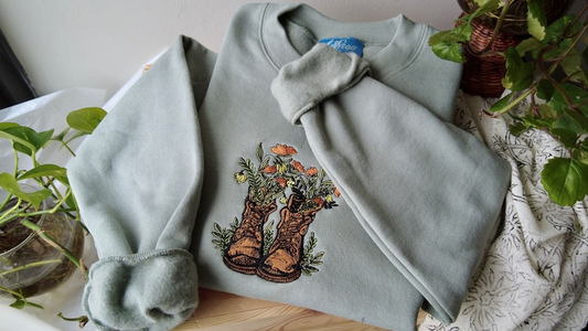 Sage Go Outside Floral Hiking Boots Embroidered Crewneck - Women’s Unisex Fleece Pullover Sweatershirt - Gifts for - Cottagecore - Granola