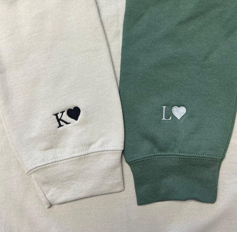 Custom Embroidered Initial Heart Sweatshirt, Initial on Sleeve, Couple Shirt, Anniversary, Couple's Shirt, Custom Embroidered Hoodie.