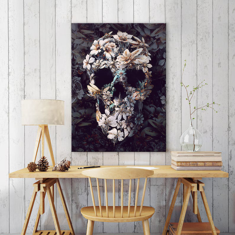 Skull Canvas Print, Boho Style Canvas Art, Sugar Skull Canvas Home Decor, Gothic Canvas Wall Art, Halloween Skull Decor