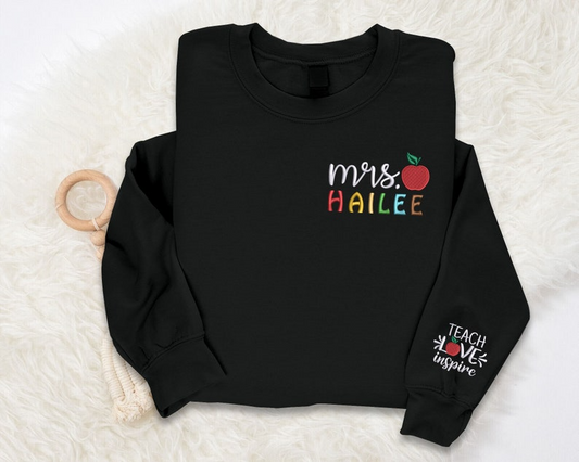 Personalised Embroidered Teacher Sweatshirts, Custom Teachers Surname Crewneck Sweater, Mrs Jumper, Special Teacher Appreciation Day Present