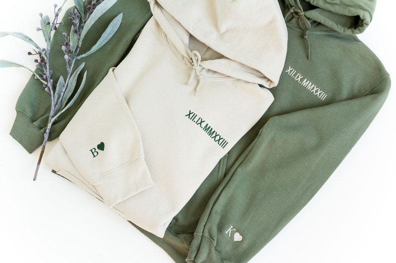 Custom Embroidered Roman Numeral Hoodie - Couples Gift - Personalized Gift Date Hoodie Initial on Sleeve - Engagements, 1st Anniversary gift
