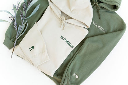 Custom Embroidered Roman Numeral Hoodie - Couples Gift - Personalized Gift Date Hoodie Initial on Sleeve - Engagements, 1st Anniversary gift