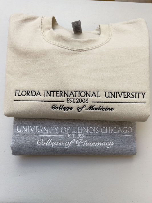 Custom College Embroidered Sweatshirt/Hoodie and Comfort Colors® Shirt,Embroidered Personalized University Sweatshirt or Comfort Color Shirt