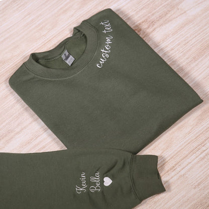 Custom Text Embroidered Sweatshirt With Names On Sleeve, Personalized Name Hoodie, Mothers Day Gift, Matching Couple Gift, Anniversary Gifts