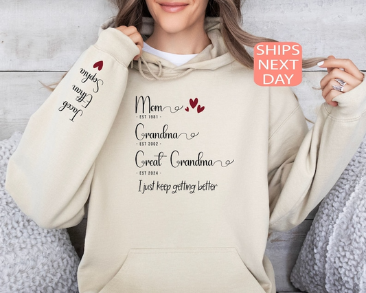 Sweatshirt gepersonaliseerde moeder oma overgrootmoeder, aangepaste trui kleinkinderen namen oma en jaar, cadeau overgrootmoeder, cadeau Moederdag