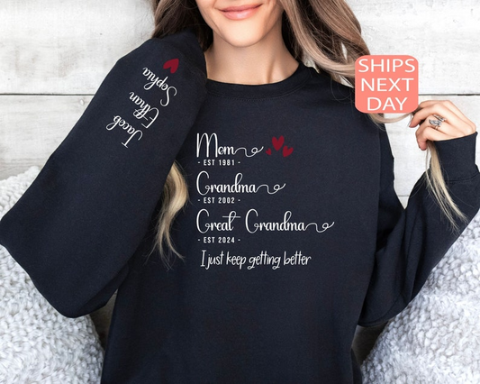Sweatshirt gepersonaliseerde moeder oma overgrootmoeder, aangepaste trui kleinkinderen namen oma en jaar, cadeau overgrootmoeder, cadeau Moederdag