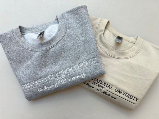 Custom College Embroidered Sweatshirt/Hoodie and Comfort Colors® Shirt,Embroidered Personalized University Sweatshirt or Comfort Color Shirt