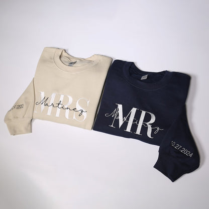 Personalized Mr Mrs Embroidered Sweatshirt With Date On Sleeve, Custom Wifey & Hubby Outfit, Matching Couples Hoodie, Honeymoon Clothings