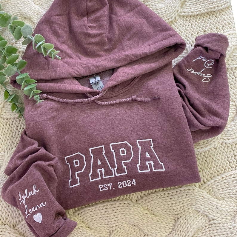 Custom Embroidered Papa Hoodie with Kids Names on Sleeve, Dad Sweatshirt, Personalized Minimalist Papa Crewneck, Father's Day Gift