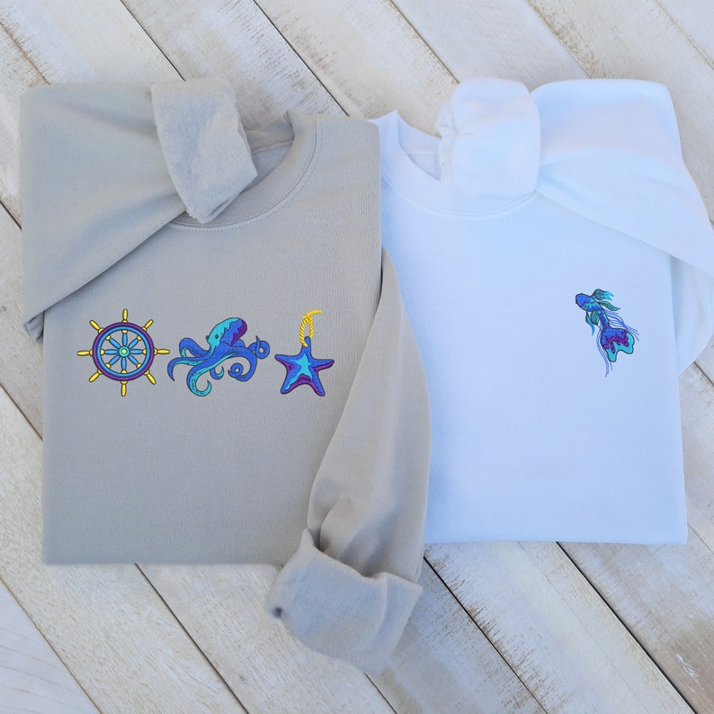 Custom Ocean Embroidered Sweatshirt & Hoodie, Starfish, Seahorse, Octopus, Ocean Animal Design, Beach Theme Clothing Gift for Sea Lovers!