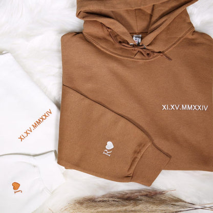 Personalized Date Sweatshirt With Inıtial On Sleeve, Custom Embroidered Roman Numeral Hoodie, Engagement Anniversary Valentines Day Gifts