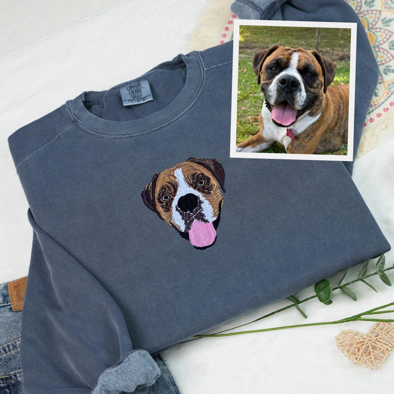 Comfort Color Custom Dog Face Embroidered Sweatshirt, Cat Sweatshirt, Dog Lover Sweatshirt, Personalized Pet Portrait Shirt Gift For Mom