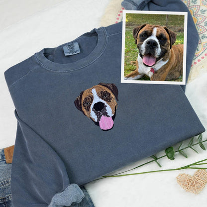 Comfort Color Custom Dog Face Embroidered Sweatshirt, Cat Sweatshirt, Dog Lover Sweatshirt, Personalized Pet Portrait Shirt Gift For Mom