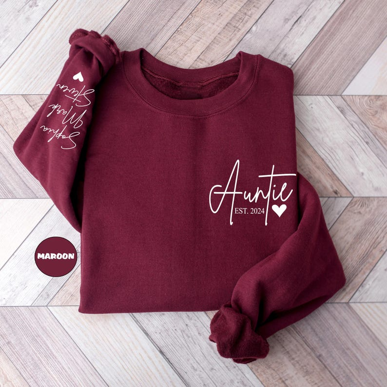 Custom Auntie Sweatshirt, Personalized Aunt Hoodie With Nieces Nephews Names On Sleeve, Pregnancy Reveal Outfit, Mothers Day Clothing Gifts