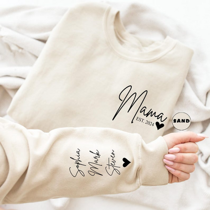Custom Mama Sweatshirt With Kids Names On Sleeve, Personalized New Mom Hoodie, Pregnancy Announcement Outfit, Cute New Mama Clothing Gifts