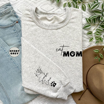 Custom Cat Mom Sweatshirt With Pets Names On Sleeve, Personalized Cat Mama Hoodie, Cat Lover Outfit, Mom Of Cat Clothing, Mothers Day Gifts