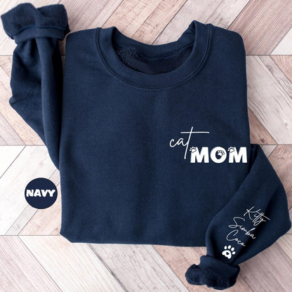 Custom Cat Mom Sweatshirt With Pets Names On Sleeve, Personalized Cat Mama Hoodie, Cat Lover Outfit, Mom Of Cat Clothing, Mothers Day Gifts