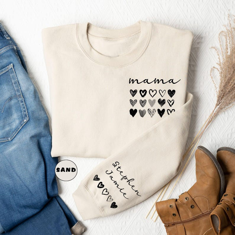 Personalized Mama Sweatshirt, Custom Mom Hoodie With Names On Sleeve, Pregnancy Announcement Momma Outfit, New Mommy Clothing, Birthday Gift