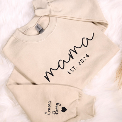 Custom Embroidered Mama Sweatshirt With Kids Names On Sleeve, Personalized Mom Embroidery Hoodie, Birthday Outfits, Baby Announcement Gifts