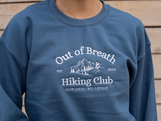 Out of Breath Hiking Club vintage Sweatshirt, funny Embroidered Crewneck, Gift for hiker, gift for camper, for him for her, nature lover
