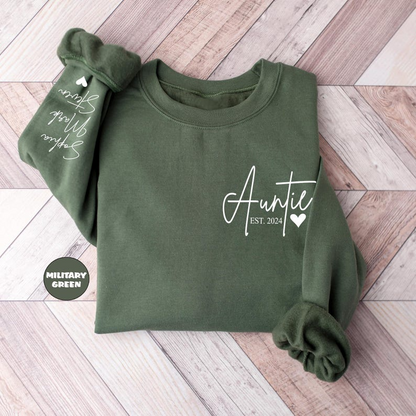 Custom Auntie Sweatshirt, Personalized Aunt Hoodie With Nieces Nephews Names On Sleeve, Pregnancy Reveal Outfit, Mothers Day Clothing Gifts