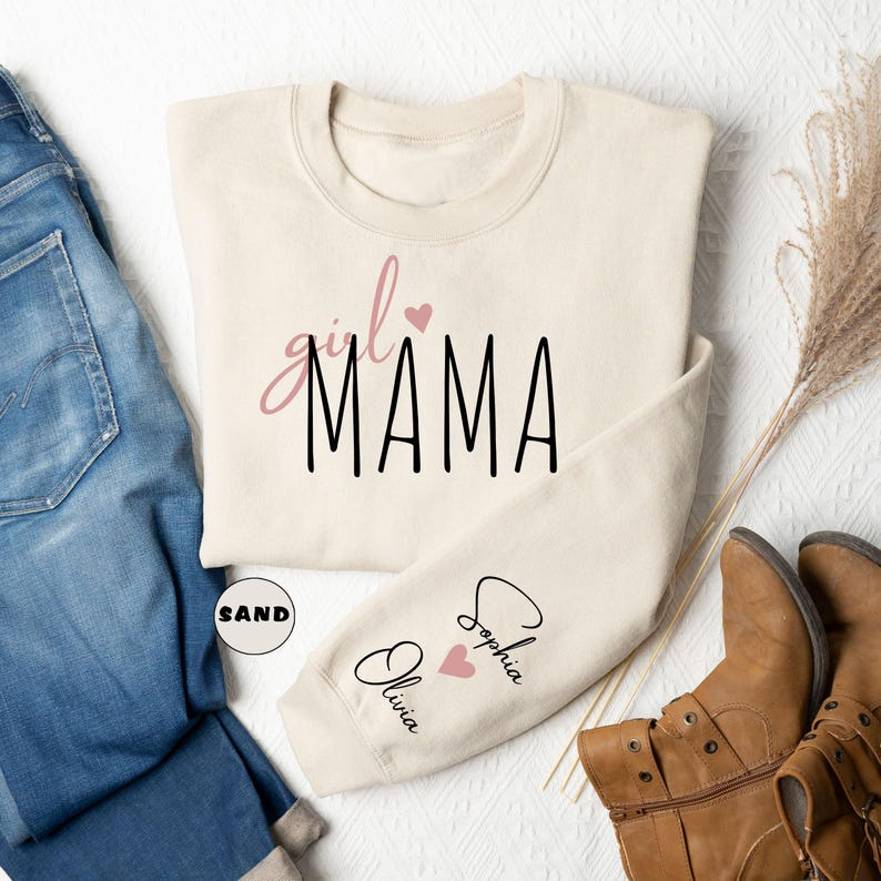 Personalized Girl Mama Sweatshirt, Custom Mom Of Girls Hoodie, New Mama Outfit, Baby Announcement Momma Clothing, Cute Birthday Mommy Gifts
