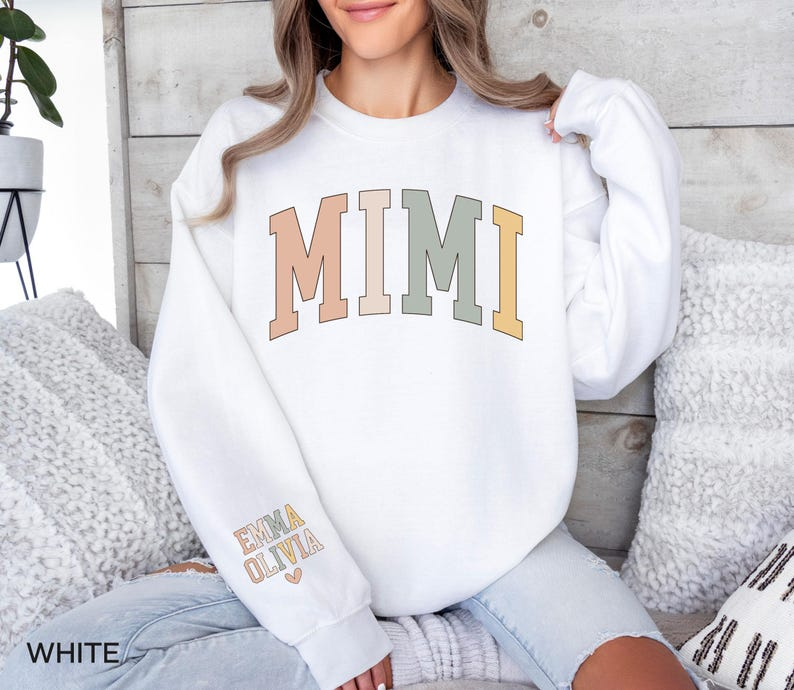 Personalized Mimi Sweatshirt with Grandkids Names on Sleeve, Christmas Gift for New Mimi Gifts, Mothers Day Gift, Grandma Sweatshirt