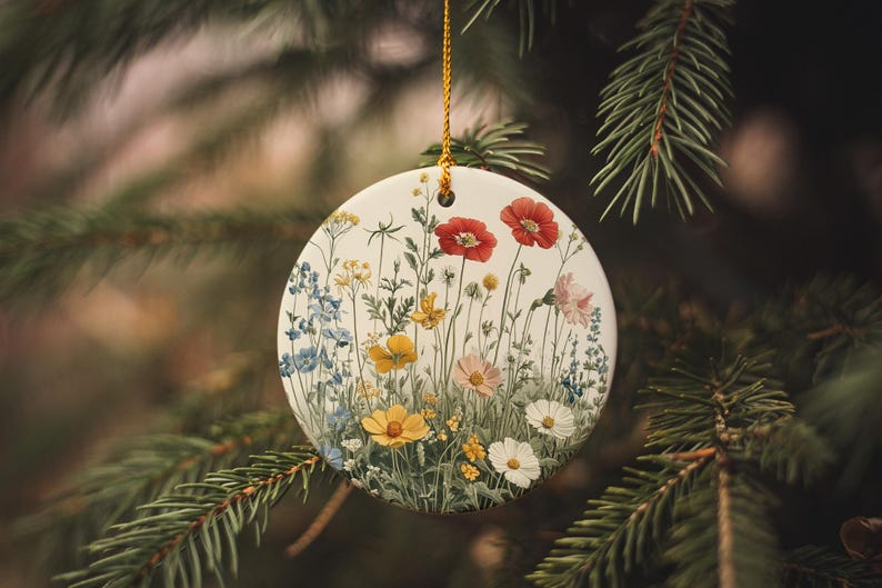 Botanical Ceramic Ornament, Wildflower Illustration, Handmade Decor, Unique Gift, Nature Lover, Christmas Ornament Gift