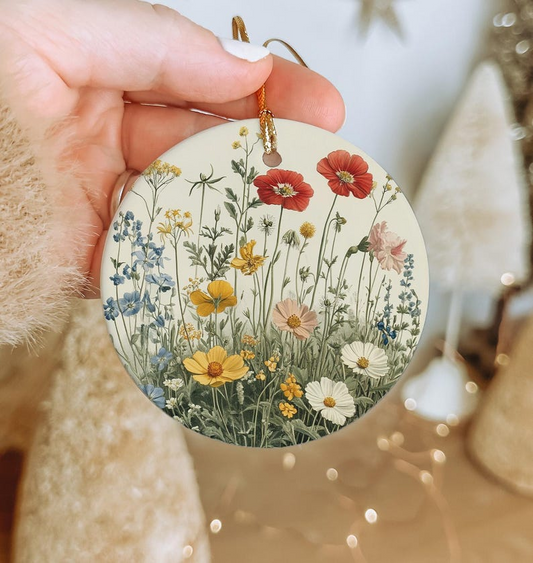 Botanical Ceramic Ornament, Wildflower Illustration, Handmade Decor, Unique Gift, Nature Lover, Christmas Ornament Gift