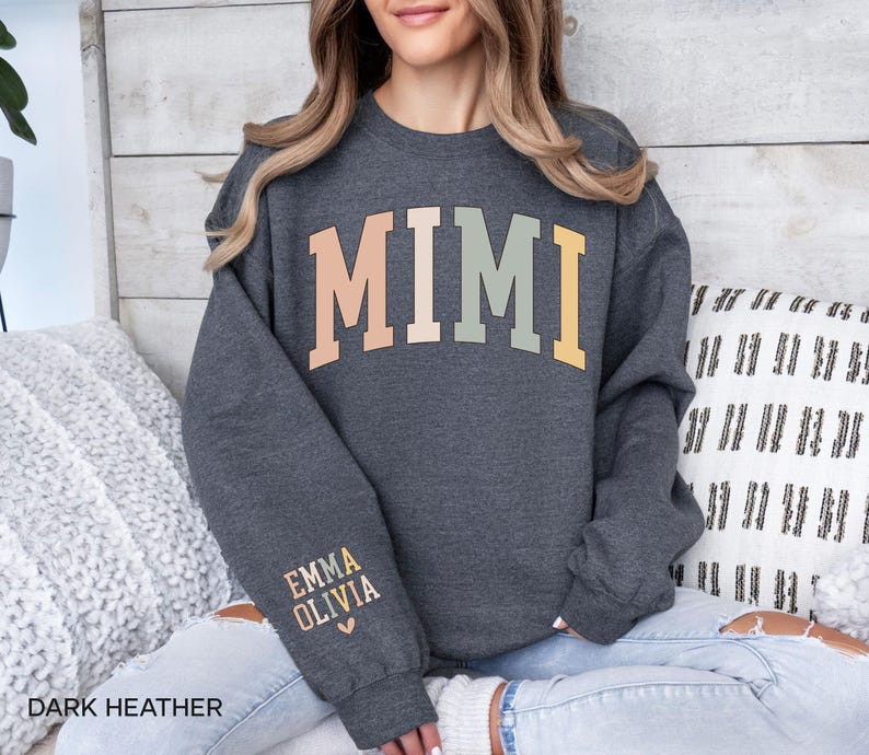 Personalized Mimi Sweatshirt with Grandkids Names on Sleeve, Christmas Gift for New Mimi Gifts, Mothers Day Gift, Grandma Sweatshirt