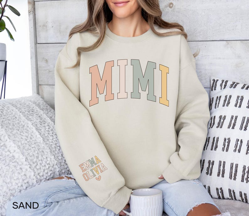 Personalized Mimi Sweatshirt with Grandkids Names on Sleeve, Christmas Gift for New Mimi Gifts, Mothers Day Gift, Grandma Sweatshirt