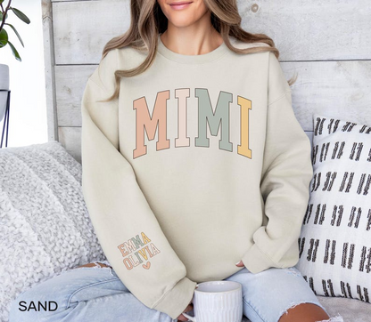 Personalized Mimi Sweatshirt with Grandkids Names on Sleeve, Christmas Gift for New Mimi Gifts, Mothers Day Gift, Grandma Sweatshirt