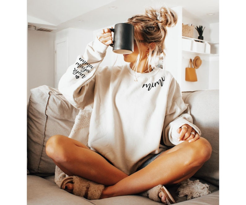 Custom Mimi Sweatshirt with Kids Names on Sleeve, Mimi Sweatshirt, Mimi Gift from Grandkids, Grandma Hoodie, Pregnancy Reveal Sweater