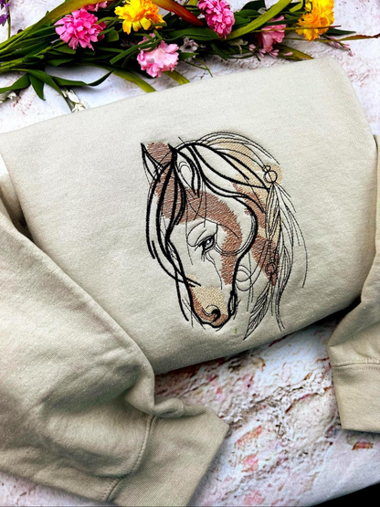 Horse Embroidered Crewneck Sweatshirt - Stallion Shirt - Horse Lovers