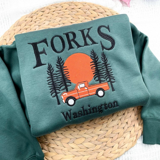 Forks Washington Embroidered Sweatshirt, Vintage Truck and Trees Design Embroidered Shirt , Perfect Gift for Outdoor and Twilight Lovers