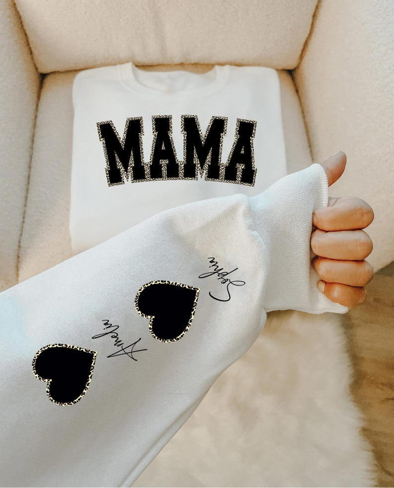 Custom Mama Sweatshirt with Kid Name on Sleeve, Personalized Leopard Mama Hoodie, Mother's Day Gift, Birthday Gift for Mom, New Mom Gift