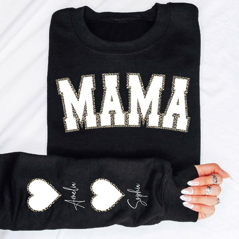 Custom Mama Sweatshirt with Kid Name on Sleeve, Personalized Leopard Mama Hoodie, Mother's Day Gift, Birthday Gift for Mom, New Mom Gift