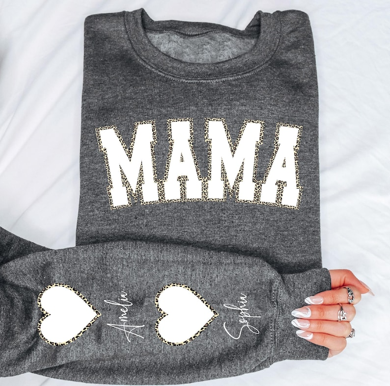 Custom Mama Sweatshirt with Kid Name on Sleeve, Personalized Leopard Mama Hoodie, Mother's Day Gift, Birthday Gift for Mom, New Mom Gift