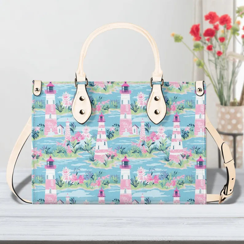 Preppy Lighthouse Ladies handbag, Nautical Handbag, Summer Beach Purse, Vacation handbag, Summer Handbag, Faux Leather Purse, Gift for her