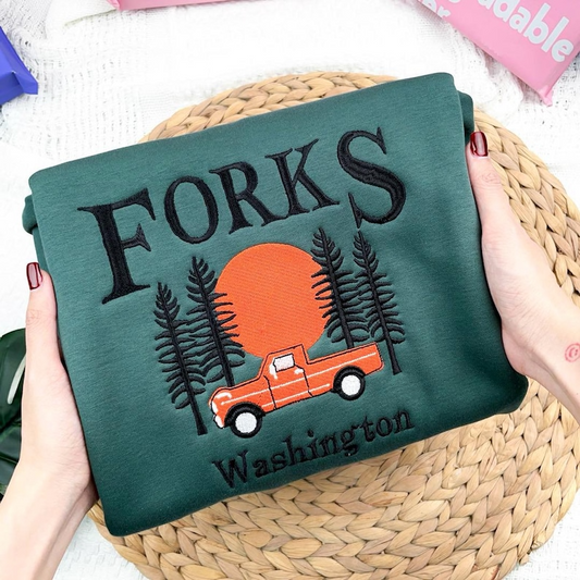 Forks Washington Embroidered Sweatshirt, Vintage Truck and Trees Design Embroidered Shirt , Perfect Gift for Outdoor and Twilight Lovers