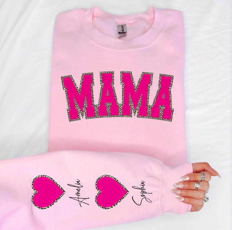 Custom Mama Sweatshirt with Kid Name on Sleeve, Personalized Leopard Mama Hoodie, Mother's Day Gift, Birthday Gift for Mom, New Mom Gift