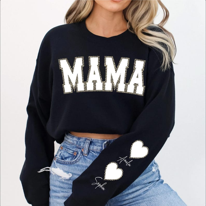Custom Mama Sweatshirt with Kid Name on Sleeve, Personalized Leopard Mama Hoodie, Mother's Day Gift, Birthday Gift for Mom, New Mom Gift