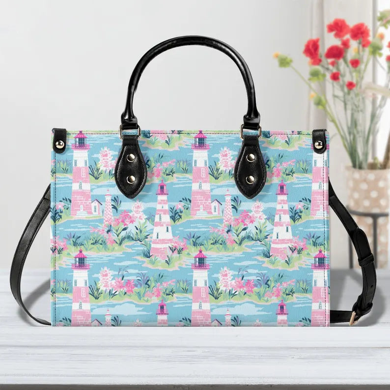 Preppy Lighthouse Ladies handbag, Nautical Handbag, Summer Beach Purse, Vacation handbag, Summer Handbag, Faux Leather Purse, Gift for her