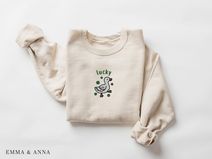 Embroidered St Patricks Day Sweatshirt, Embroidered Lucky Duck Sweatshirt, Lucky Sweater, Irish Shirt, Shamrock Sweatshirt, Duck Lover Gift