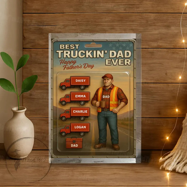 Best Truckin' Dad Ever – Personalized Father's Day Acrylic Block with Kid Names & Trucks, Custom Gift for Trucker Dad from Children