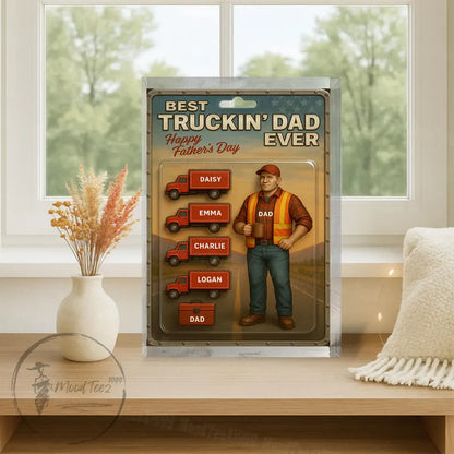 Best Truckin' Dad Ever – Personalized Father's Day Acrylic Block with Kid Names & Trucks, Custom Gift for Trucker Dad from Children