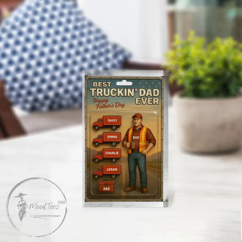 Best Truckin' Dad Ever – Personalized Father's Day Acrylic Block with Kid Names & Trucks, Custom Gift for Trucker Dad from Children